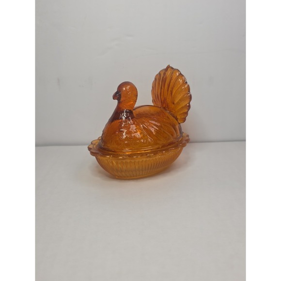 The Unbranded Brand Other - Vintage Indiana Amber Glass Turkey On A Nest Candy Dish